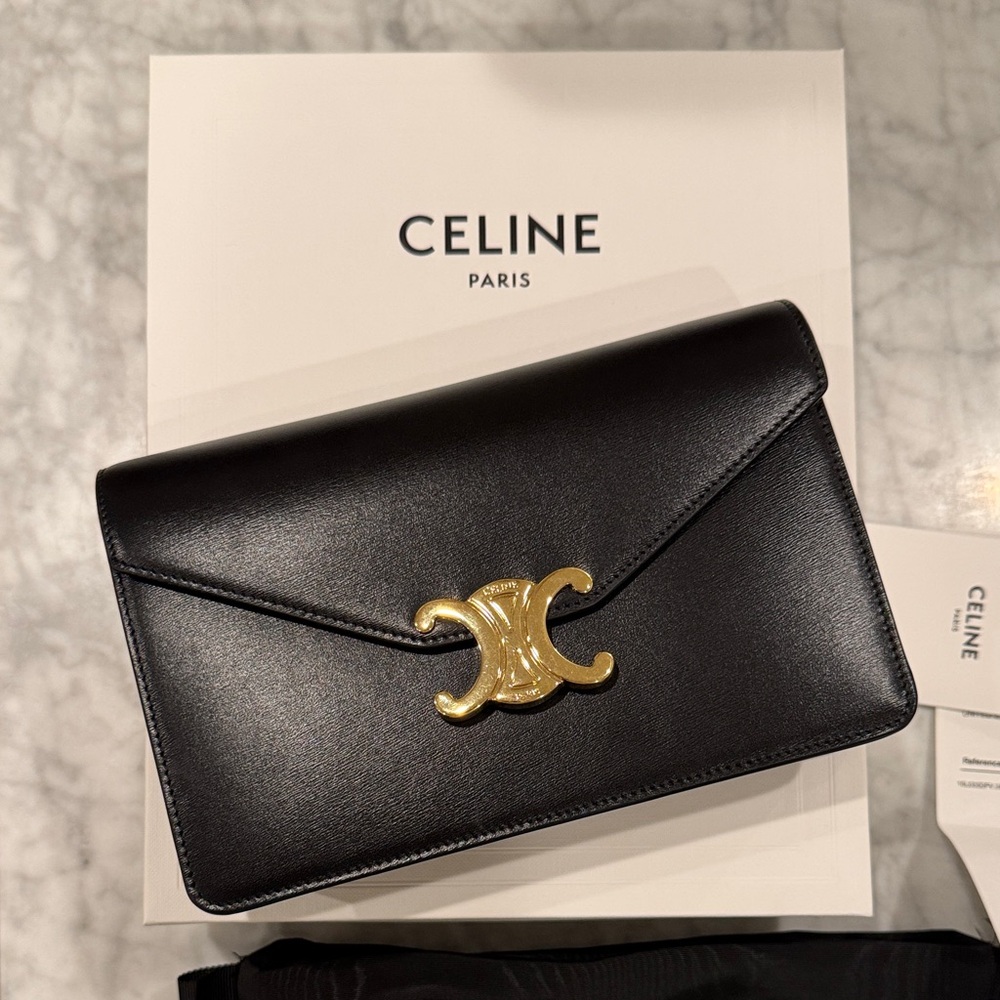 Celine WOC Triomphe wallet on chain Margo blk leather crossbody clutch purse bag - Picture 2 of 15